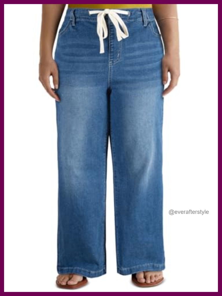 Plus Size Wide Leg Elastic Waist Denim Pants With Pockets Stretchy